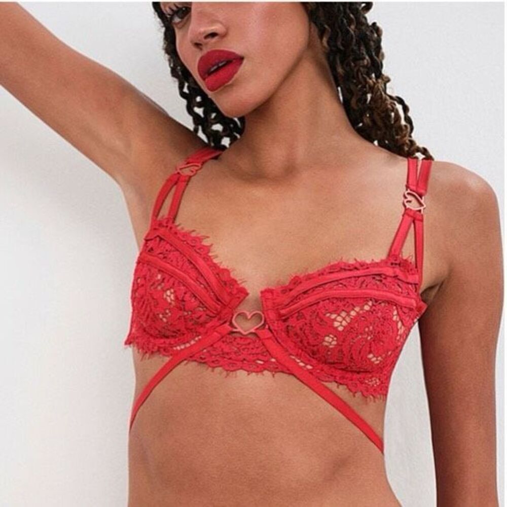 NWT For Love & Lemons Rose Lace Red Strappy Bra Size XXS
